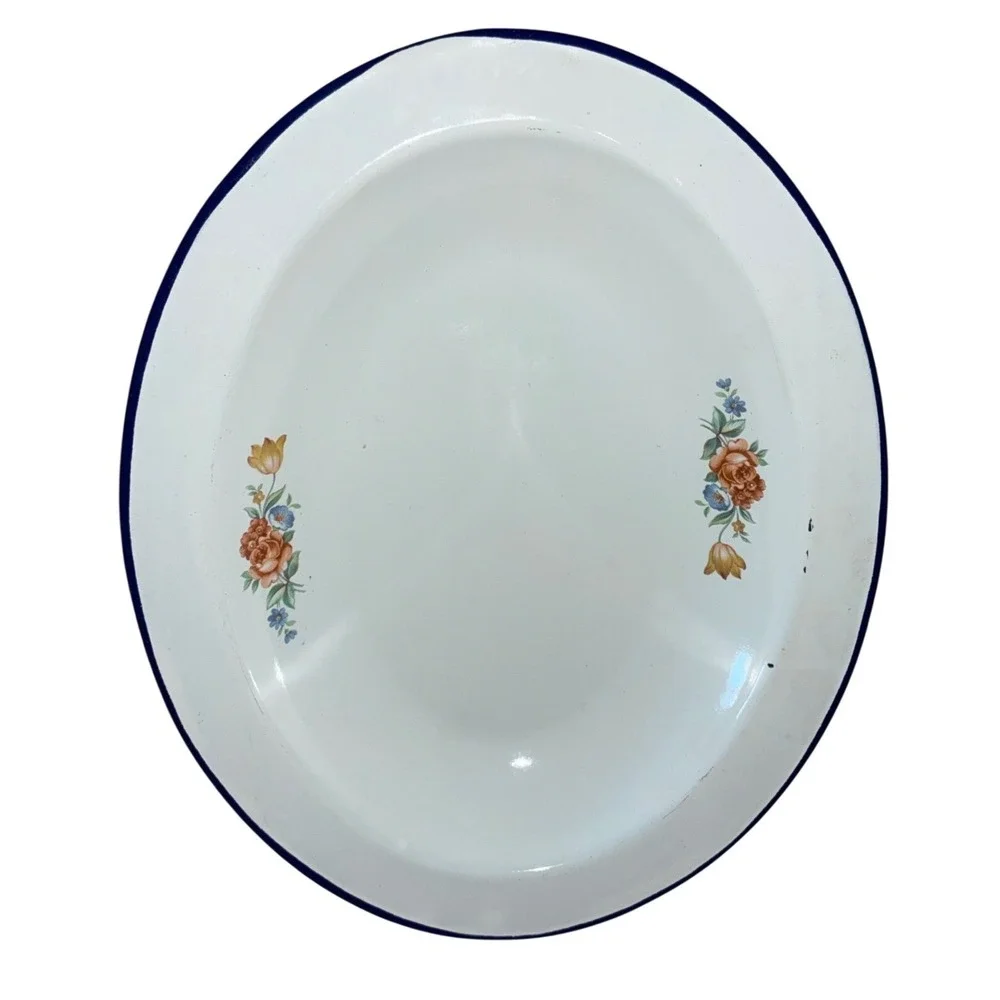 Vintage Serving Bowl Enamelware Floral 11x9